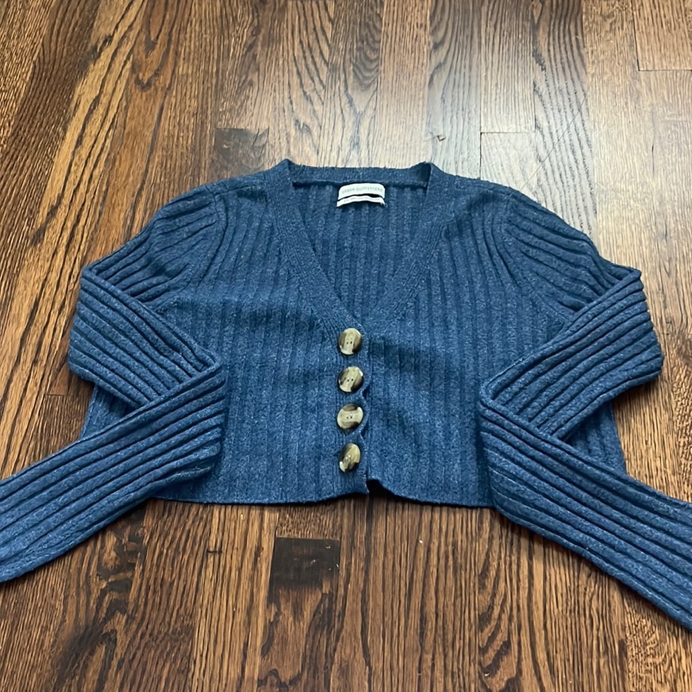Soft blue cardigan with brown buttons, size small, v neck, cropped fit